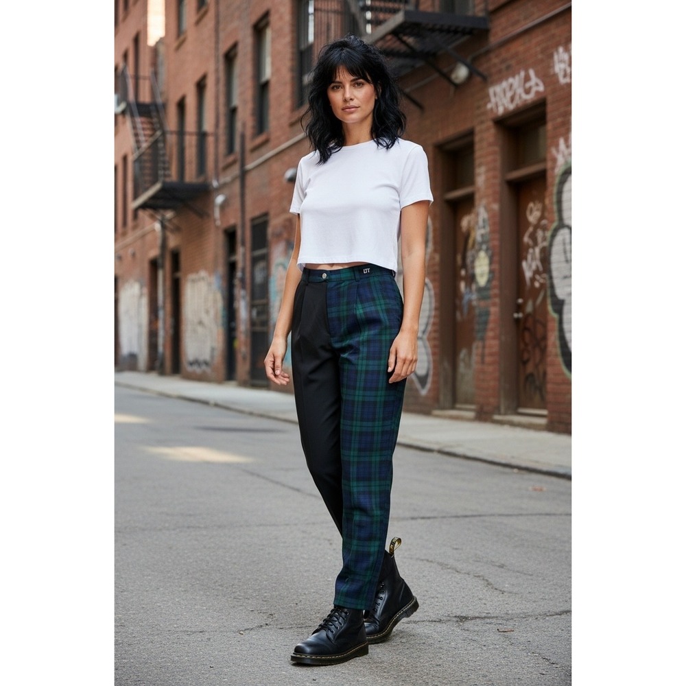Love Too True Brooke Clash Trousers Split Leg Plaid Black Green Navy Womens 8